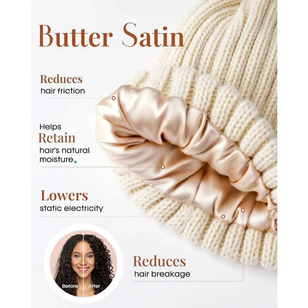 Women's Beige Winter Beanie Hat Satin Lined Faux Fur Pom Pom Beanies Hat